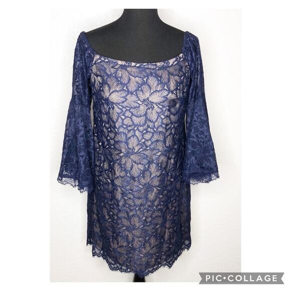 Trina Turk Akamai Lanai navy blue lace overlay off shoulder dress size 8 NWT - Picture 2 of 16
